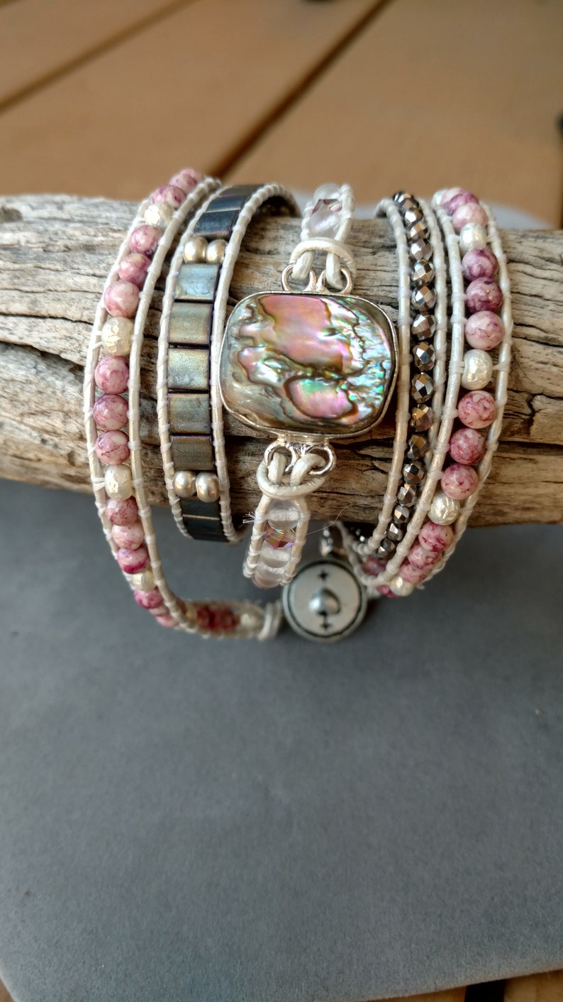5 Wrap Beaded Leather and Shell Bracelet Boho Wrap Gemstone Beaded Leather Cuff Beach Theme ISLAND GIRL