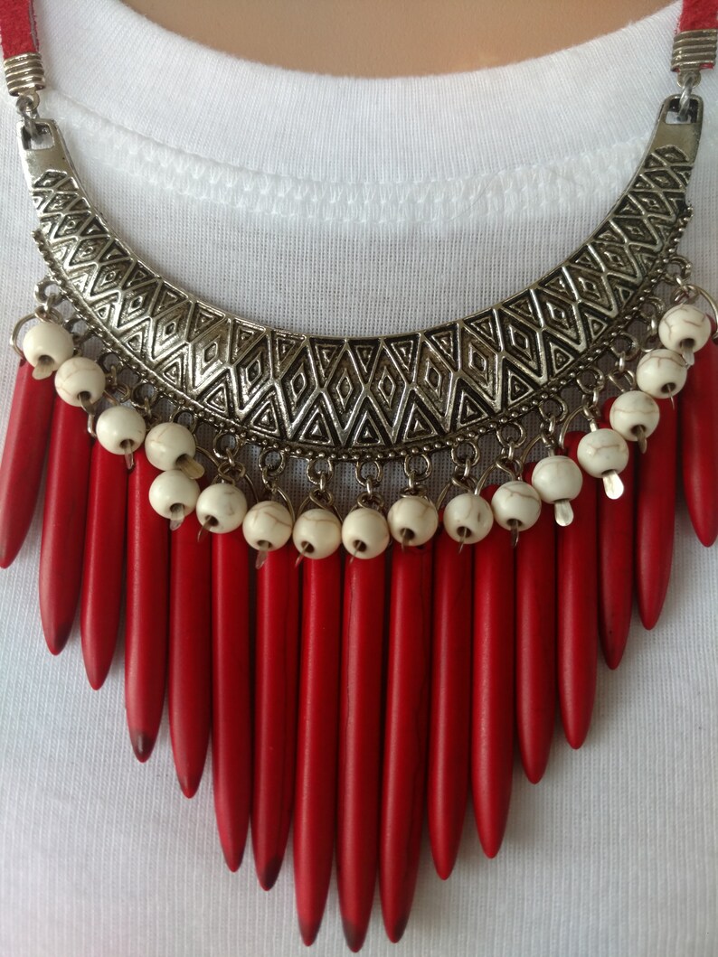Boho Red Bib Necklace Turkish Bib Pendant Wood Dagger Bib White Howlite Red Leather Red and White TURKISH BAZAAR
