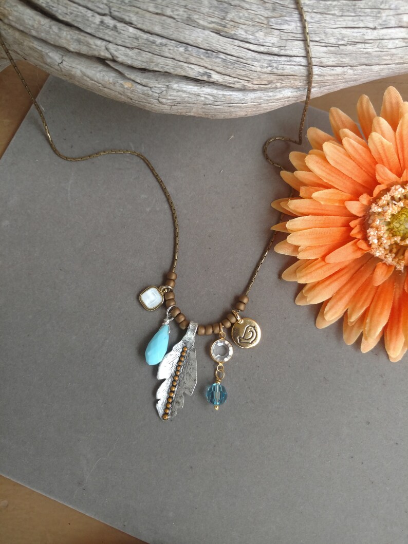 Feather Charm Necklace Bird Charm Blue Quartz Crystal Charns Brass Beading Chain BOHO CHIC