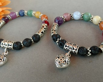 Chakra Stones and Lava Rock Stretch Bracelet, Yoga Bracelet, Chakra Gems, Heart Jewelry, Gift for Her