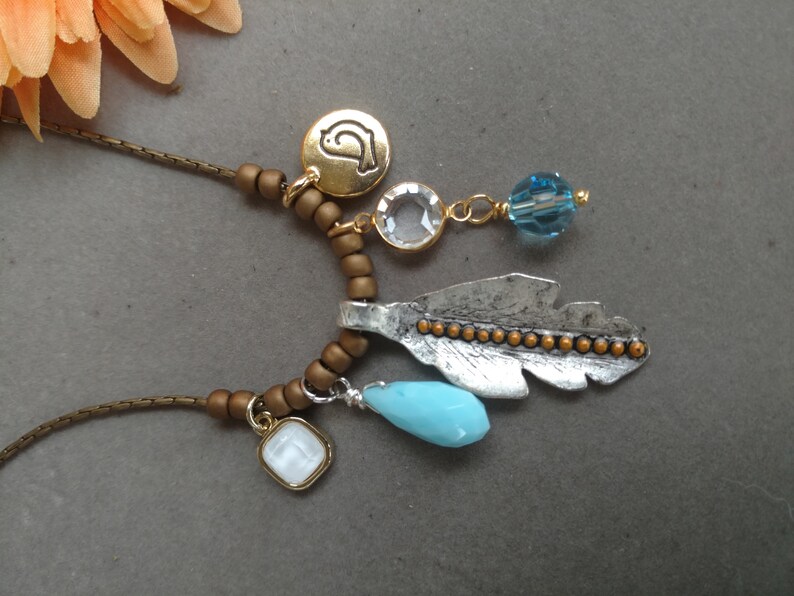 Feather Charm Necklace Bird Charm Blue Quartz Crystal Charns Brass Beading Chain BOHO CHIC