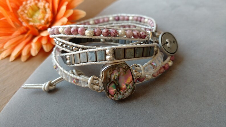 5 Wrap Beaded Leather and Shell Bracelet Boho Wrap Gemstone Beaded Leather Cuff Beach Theme ISLAND GIRL