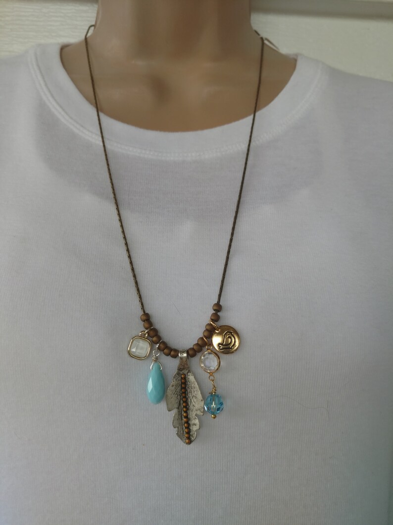 Feather Charm Necklace Bird Charm Blue Quartz Crystal Charns Brass Beading Chain BOHO CHIC
