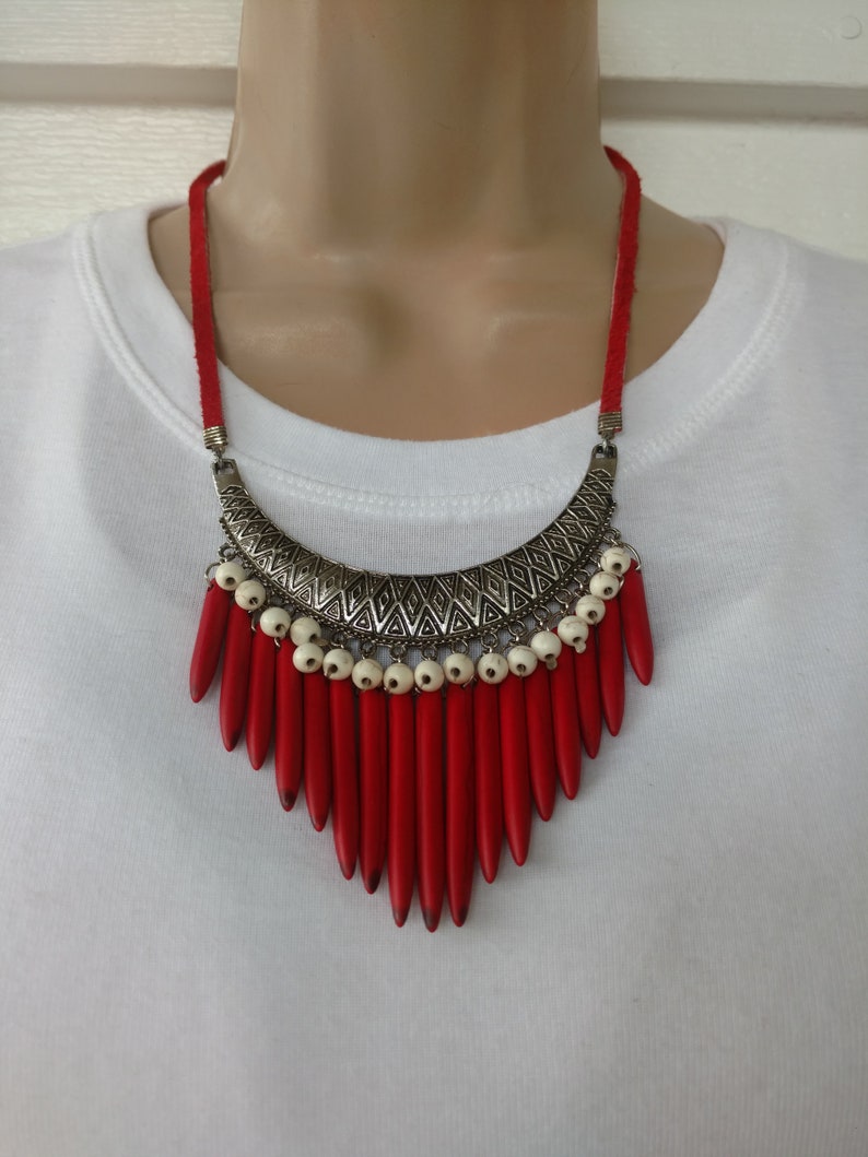 Boho Red Bib Necklace Turkish Bib Pendant Wood Dagger Bib White Howlite Red Leather Red and White TURKISH BAZAAR