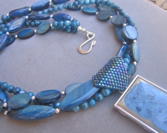Blue Stone and Shell Necklace, Peyote Beadwork, Blue Beaded Necklace, 3 Strand Necklace, Blue Shell Necklace, Artisan Pendant, TIDAL POOL
