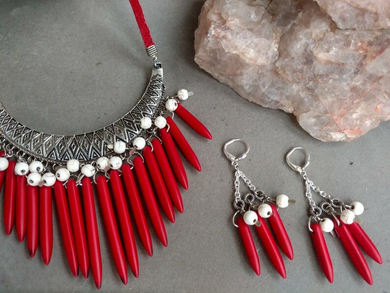 Boho Red Bib Necklace Turkish Bib Pendant Wood Dagger Bib White Howlite Red Leather Red and White TURKISH BAZAAR