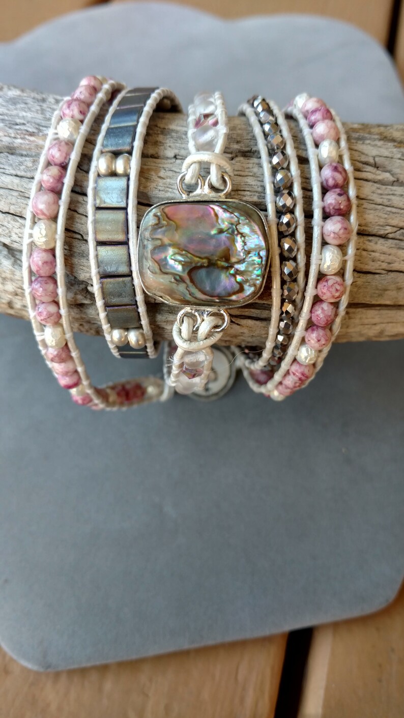 5 Wrap Beaded Leather and Shell Bracelet Boho Wrap Gemstone Beaded Leather Cuff Beach Theme ISLAND GIRL