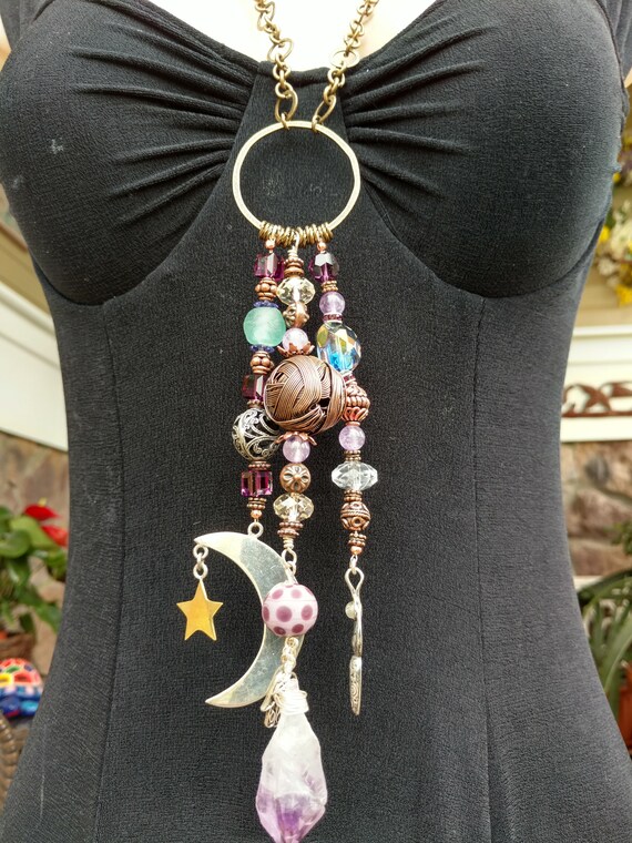 Feather Charm Necklace Bird Charm Blue Quartz Crystal Charns Brass Beading Chain BOHO CHIC