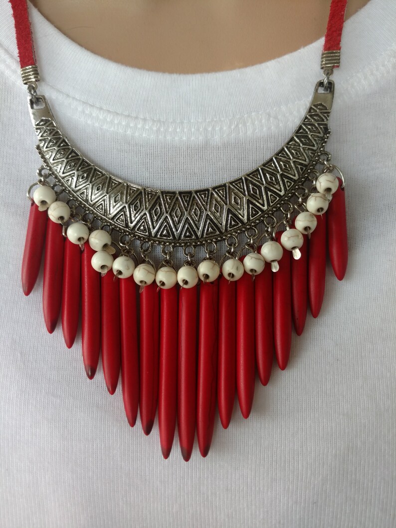 Boho Red Bib Necklace Turkish Bib Pendant Wood Dagger Bib White Howlite Red Leather Red and White TURKISH BAZAAR
