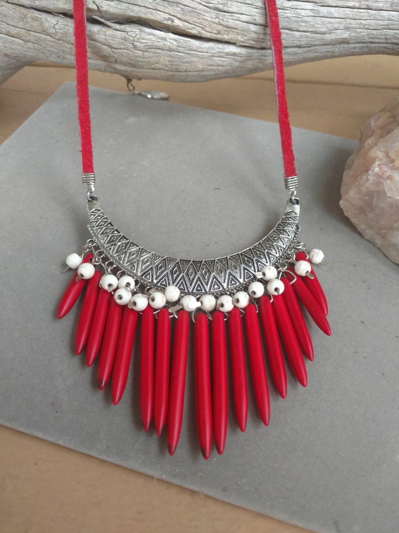 Boho Red Bib Necklace Turkish Bib Pendant Wood Dagger Bib White Howlite Red Leather Red and White TURKISH BAZAAR