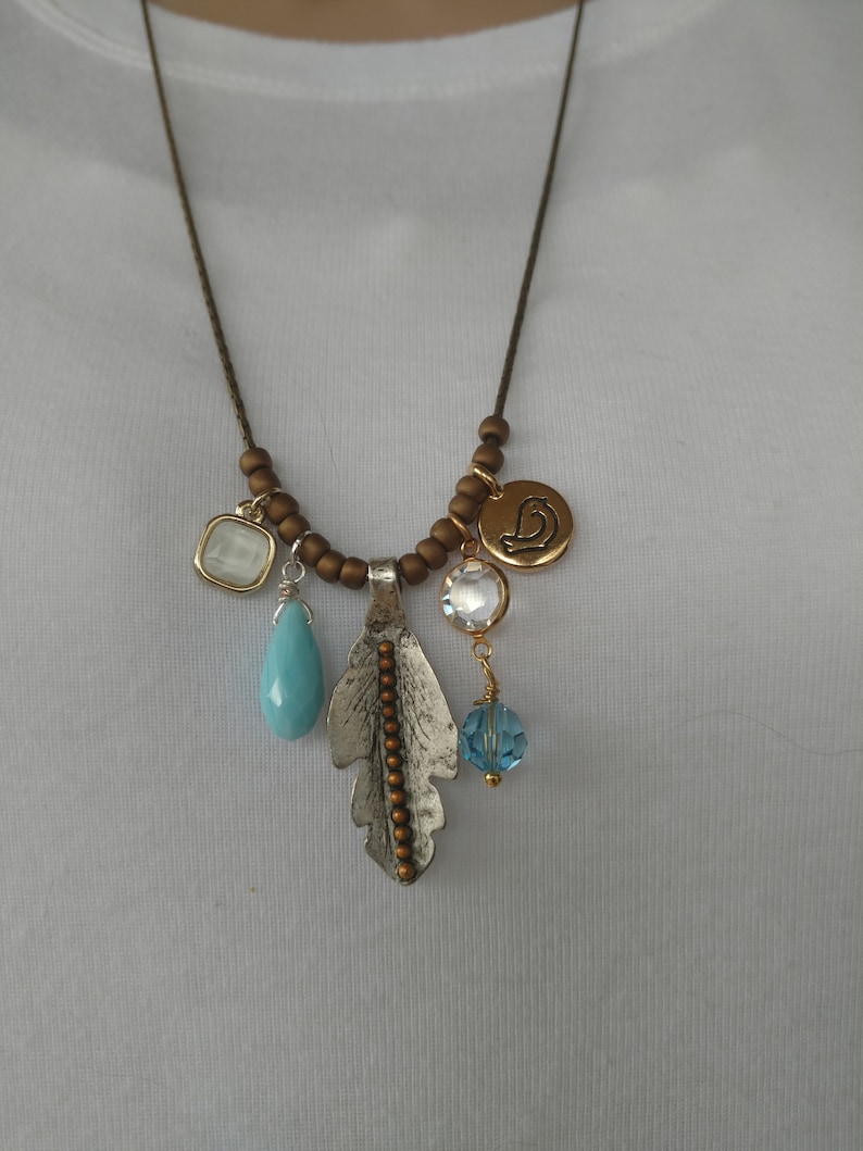 Feather Charm Necklace Bird Charm Blue Quartz Crystal Charns Brass Beading Chain BOHO CHIC