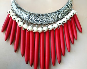 Red Tribal Ethnic Boho Bib Collar Necklace Red Gemstone Leather Bib White Turquoise Howlite MARRAKESH