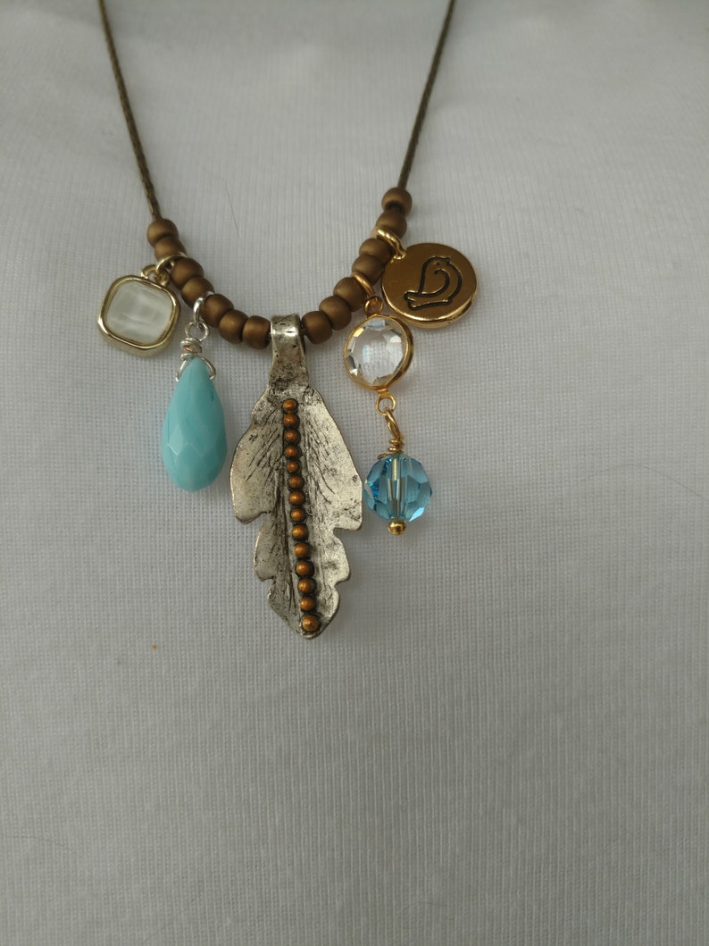 Feather Charm Necklace Bird Charm Blue Quartz Crystal Charns Brass Beading Chain BOHO CHIC