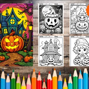 May include: A Halloween coloring book with 100 pages and a cover featuring a spooky house, pumpkins, and a moon. The cover is illustrated in a cartoon style with vibrant colors.