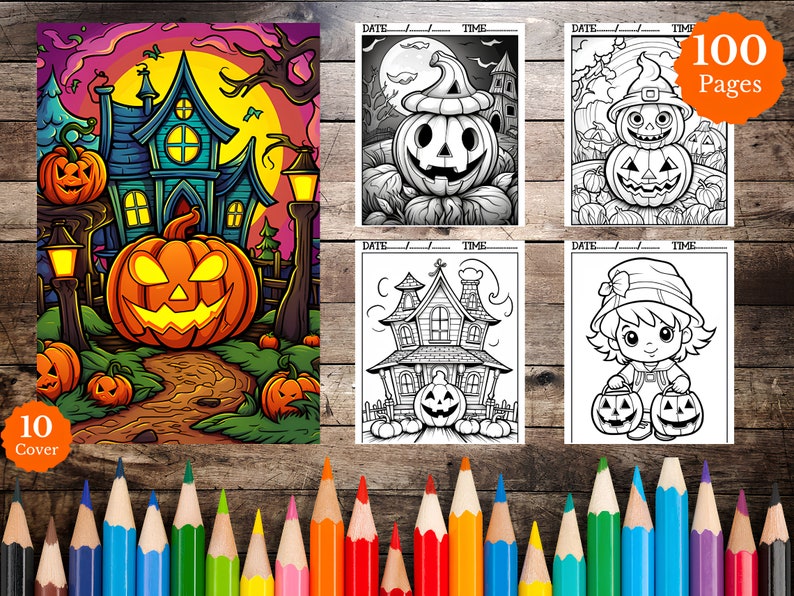 May include: A Halloween coloring book with 100 pages and a cover featuring a spooky house, pumpkins, and a moon. The cover is illustrated in a cartoon style with vibrant colors.