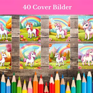 May include: A set of 40 printable images featuring cute cartoon unicorns with rainbows and flowers. The unicorns are pink, white, and purple with colorful manes and tails. The images are perfect for creating personalized crafts, party decorations, or scrapbooking.