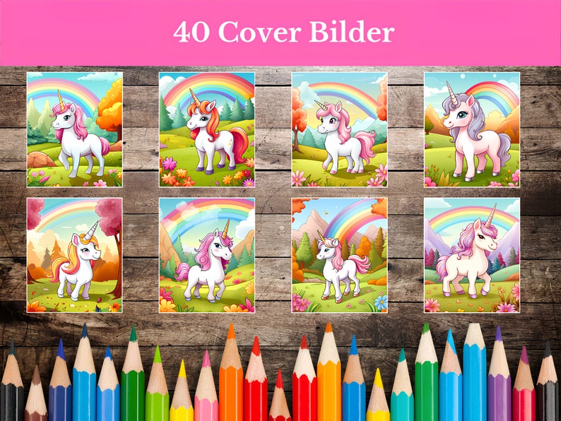 May include: A set of 40 printable images featuring cute cartoon unicorns with rainbows and flowers. The unicorns are pink, white, and purple with colorful manes and tails. The images are perfect for creating personalized crafts, party decorations, or scrapbooking.
