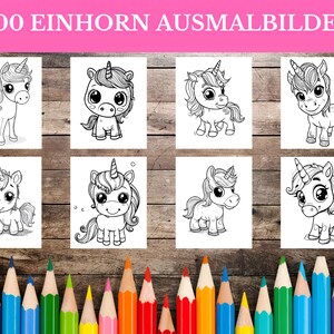 May include: A set of eight black and white coloring pages featuring cute unicorn illustrations. The pages are arranged in a grid on a wooden background with colored pencils below.