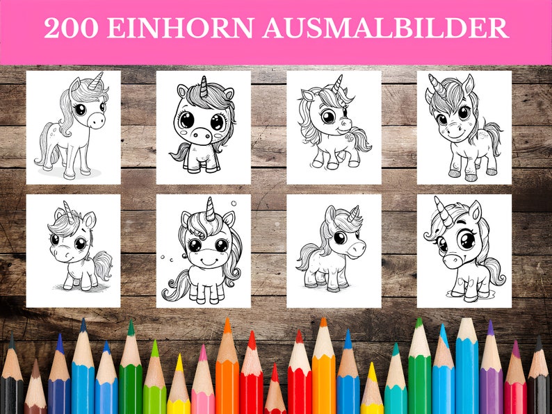 May include: A set of eight black and white coloring pages featuring cute unicorn illustrations. The pages are arranged in a grid on a wooden background with colored pencils below.