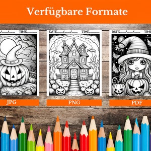May include: Three black and white coloring pages featuring Halloween themes. The first page shows a pumpkin with a witch's hat, the second page shows a haunted house, and the third page shows a witch with a pumpkin.