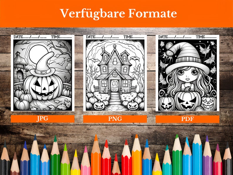 May include: Three black and white coloring pages featuring Halloween themes. The first page shows a pumpkin with a witch's hat, the second page shows a haunted house, and the third page shows a witch with a pumpkin.