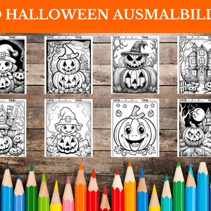 May include: A set of eight black and white Halloween coloring pages featuring pumpkins, ghosts, witches, and haunted houses.  The coloring pages are printed on white paper and are ready to be colored with crayons, markers, or colored pencils.
