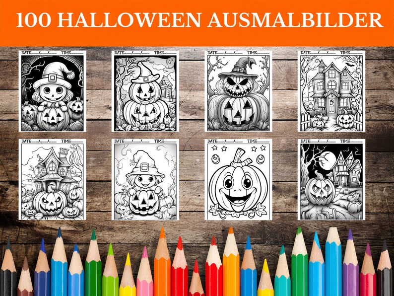 May include: A set of eight black and white Halloween coloring pages featuring pumpkins, ghosts, witches, and haunted houses.  The coloring pages are printed on white paper and are ready to be colored with crayons, markers, or colored pencils.