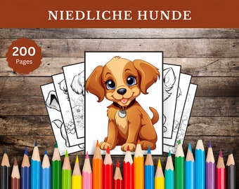 May include: A coloring book with 200 pages featuring cute dog illustrations. The cover shows a brown and white puppy with big eyes and a happy expression. The book is surrounded by colored pencils.