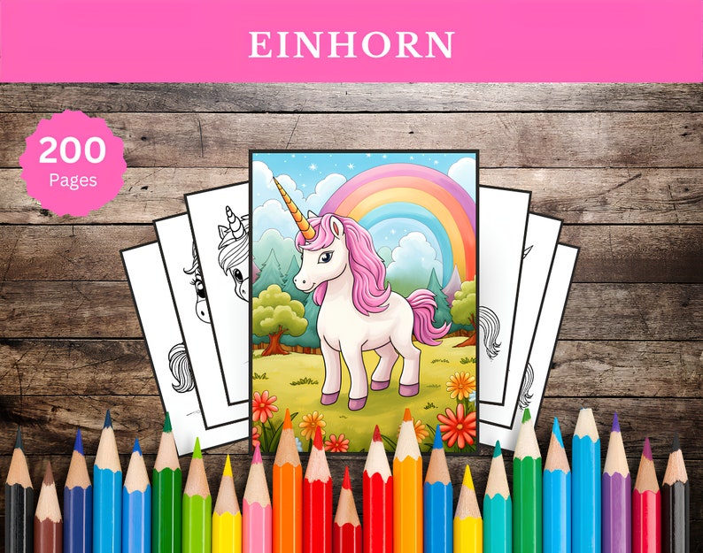 May include: A set of 200 coloring pages featuring a unicorn with a rainbow and flowers. The unicorn is white with a pink mane and tail. The pages are blank and ready to be colored.