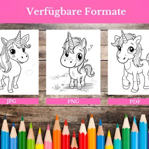 May include: Black and white line art illustration of a cute unicorn with a horn, mane, and tail. The image is available in JPG, PNG, and PDF formats.  The text "Verf&uuml;gbare Formate" is at the top of the image.