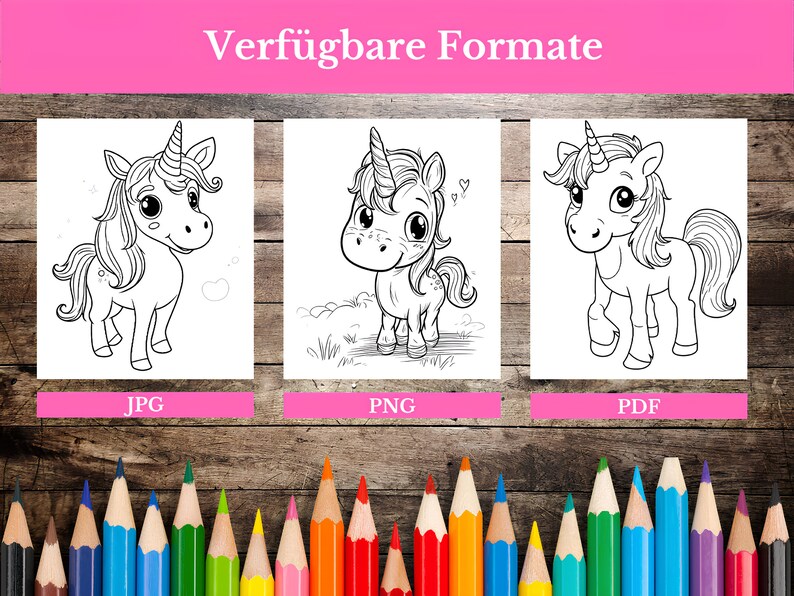 May include: Black and white line art illustration of a cute unicorn with a horn, mane, and tail. The image is available in JPG, PNG, and PDF formats.  The text "Verf&uuml;gbare Formate" is at the top of the image.