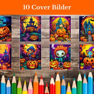 May include: Ten colorful Halloween-themed illustrations featuring pumpkins, spooky houses, and characters. The illustrations are perfect for creating digital or printed Halloween-themed products.