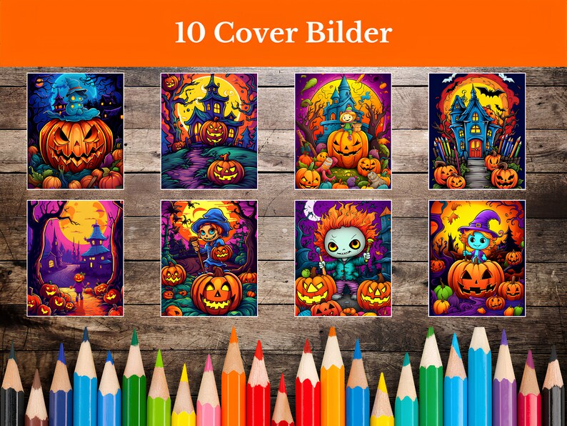 May include: Ten colorful Halloween-themed illustrations featuring pumpkins, spooky houses, and characters. The illustrations are perfect for creating digital or printed Halloween-themed products.