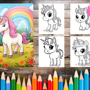May include: A coloring book featuring a unicorn with a rainbow and flowers. The cover shows a colorful illustration of the unicorn, while the inside pages are black and white line drawings. The book includes 200 pages of coloring fun and 40 cover pages.