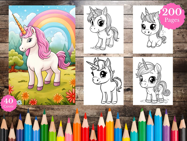 May include: A coloring book featuring a unicorn with a rainbow and flowers. The cover shows a colorful illustration of the unicorn, while the inside pages are black and white line drawings. The book includes 200 pages of coloring fun and 40 cover pages.