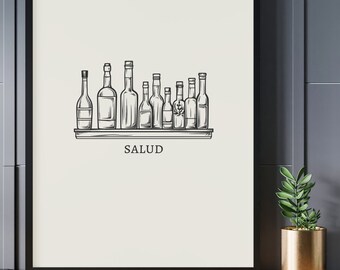 Impresión digital de arte de pared para cocina con botella de Salud: arte de carrito de bar, decoración de dormitorio, arte de apartamento, arte de pared preppy, impresiones vintage