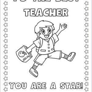 K&ouml;nnte beinhalten: Eine Schwarzwei&szlig;-Malvorlage mit einem Comic-Jungen, der eine Lunchbox mit einem Apfel h&auml;lt. Der Text lautet "An den besten Lehrer, du bist ein Star! Von ______".