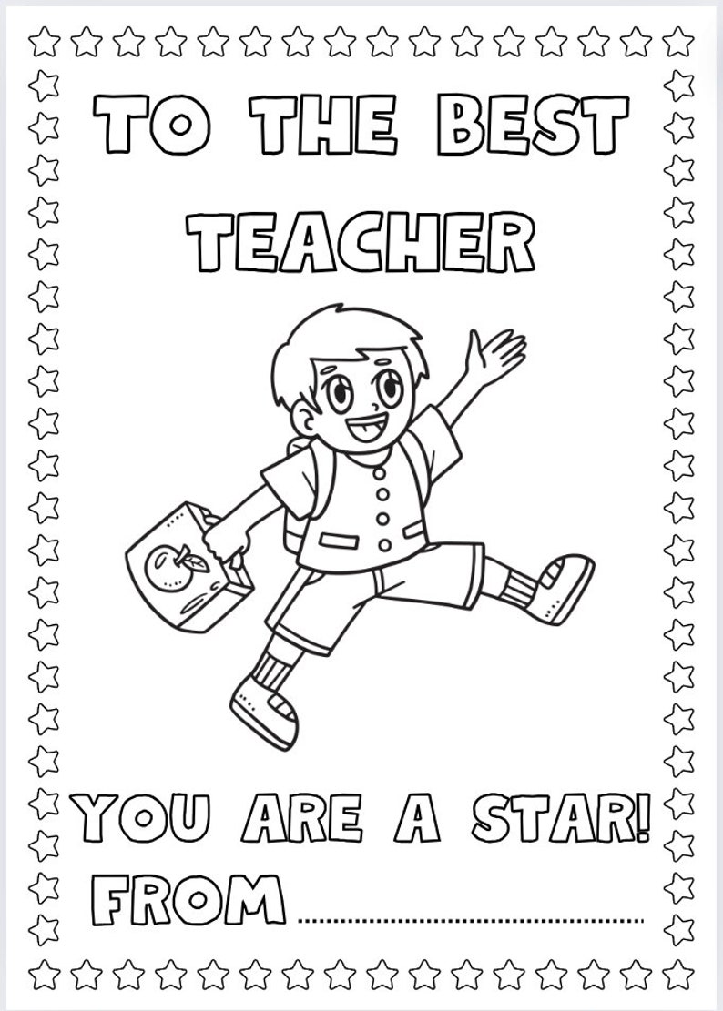 K&ouml;nnte beinhalten: Eine Schwarzwei&szlig;-Malvorlage mit einem Comic-Jungen, der eine Lunchbox mit einem Apfel h&auml;lt. Der Text lautet "An den besten Lehrer, du bist ein Star! Von ______".