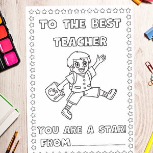 K&ouml;nnte beinhalten: Eine schwarz-wei&szlig;e druckbare Malvorlage mit einem Jungen, der einen Apfel und einen Rucksack h&auml;lt. Der Text lautet "An den besten Lehrer Du bist ein Star! Von _______".