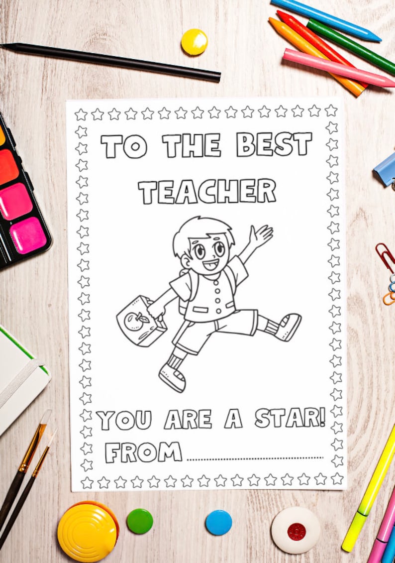 K&ouml;nnte beinhalten: Eine schwarz-wei&szlig;e druckbare Malvorlage mit einem Jungen, der einen Apfel und einen Rucksack h&auml;lt. Der Text lautet "An den besten Lehrer Du bist ein Star! Von _______".
