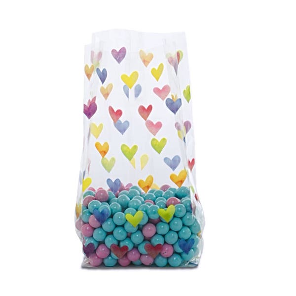 20 Pack Rainbow Hearts Clear View Poly Bags 3.5 X 2 X 7.5 Inch Size