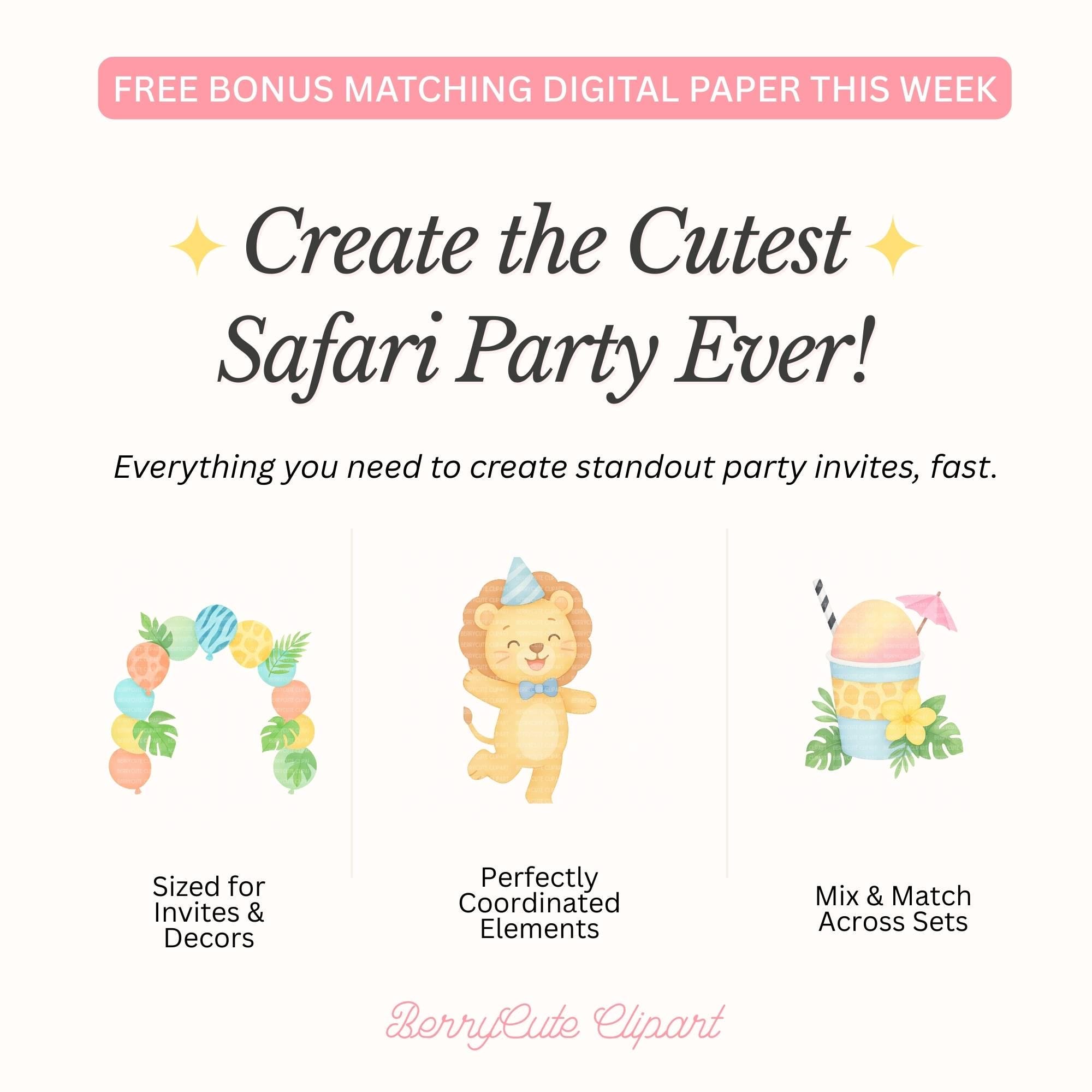 Safari Party Clipart Bundle, Watercolor Safari Animals, Jungle Birthday ...
