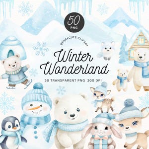 Pacote de clipart de país das maravilhas do inverno, clipart aconchegante de inverno, clipart de animais do Ártico, clipart de Natal azul, cenas de neve, clipart de animais de inverno