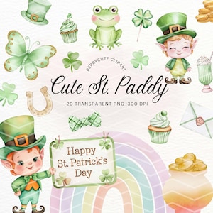 Paquete de imágenes prediseñadas del día de San Patricio, lindos PNG irlandeses, adorables ilustraciones de tréboles, San Patricio PNG, imágenes prediseñadas de primavera, lindos clipart de duende