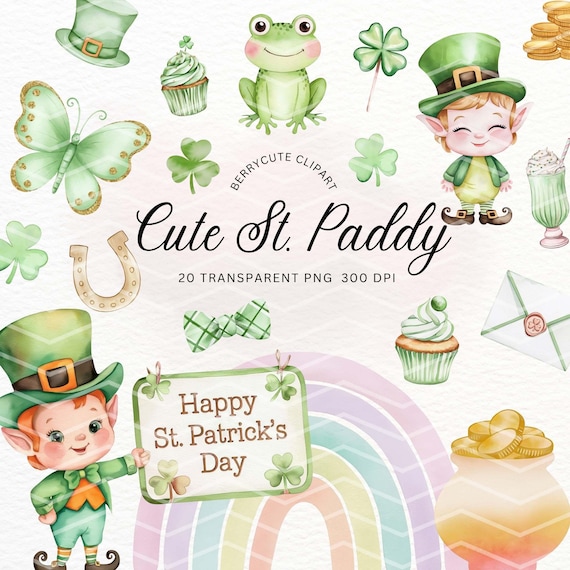 St. Patrick's Day Clipart Pack, Cute Irish PNG, Adorable Shamrock Illustrations, St Paddy Png, Spring Clipart, Cute Leprechaun Clipart