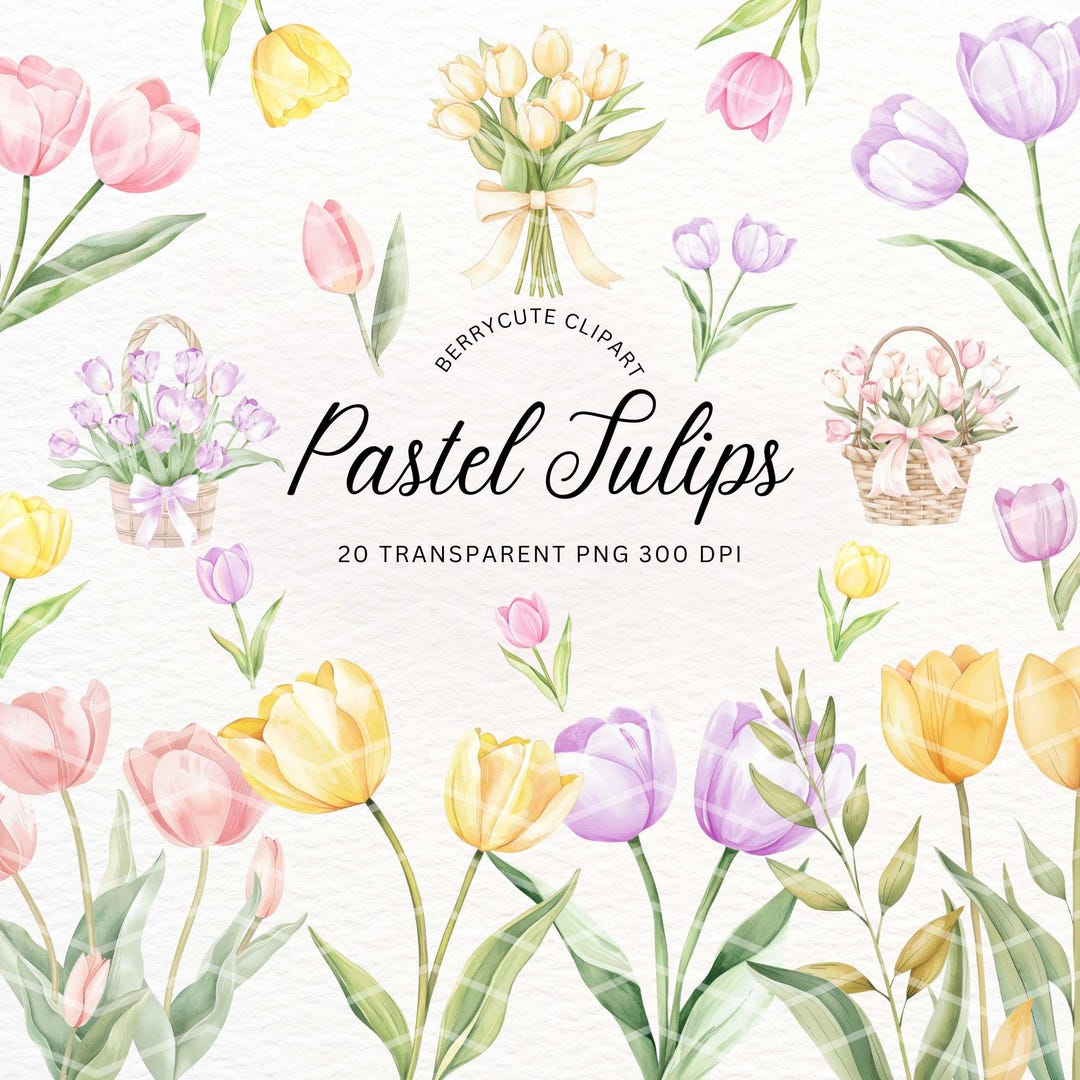 Pastel Tulip Clipart Pack, Watercolor Tulip PNG, Spring Floral Clipart ...