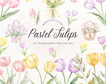 Pastel Tulip Clipart Pack, Watercolor Tulip PNG, Spring Floral Clipart, Spring Flower Illustration, Botanical Clipart, Spring Invitation Png