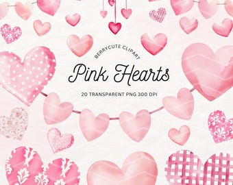 May include: A set of 20 pink watercolor hearts with various patterns and textures. The hearts are arranged in a garland and individually. The text "Berrycute Clipart Pink Hearts 20 Transparent PNG 300 DPI" is displayed in the center of the image.
