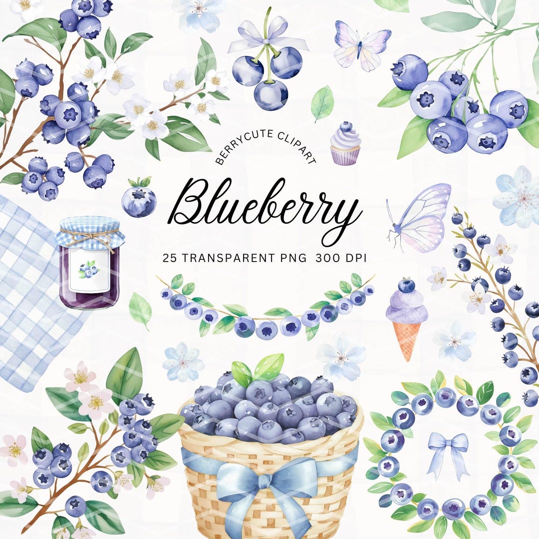 Blueberry Clipart Pack, Berry Clipart, Watercolor Blueberry, Summer ...