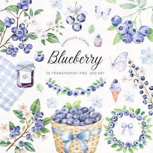 Blueberry Clipart Pack, Berry Clipart, Watercolor Blueberry, Summer Clipart, Wedding Invitation Art, Fruit Clipart,  Summer Picnic Png, FSTE